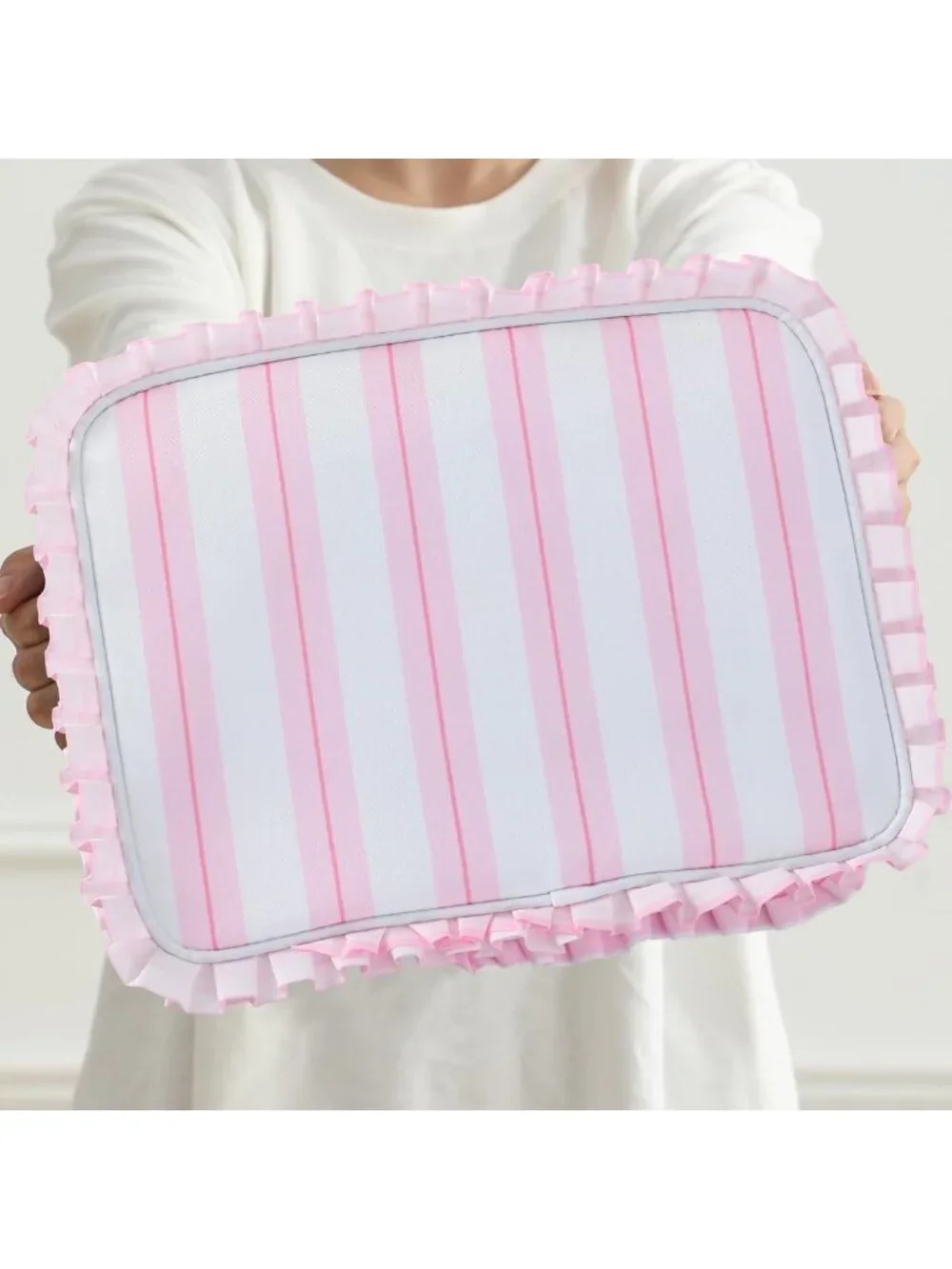Chic Pink Stripe Ruffled Makeup Bag | Stylish Cosmetic Organizer & Travel Case